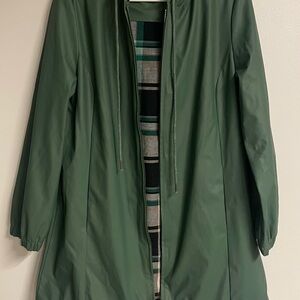 Caslon Green Hooded Rain Jacket Plaid Lined Lightweight Coat Size M